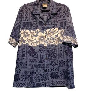 Winnie Fashion Hawaiian Shirt Mens XL Blue Tribal Floral Hibiscus Hawaiian Retro